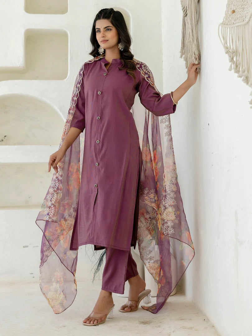 Women’s Anarkali Kurta & Pant Set with Embroidered Dupatta