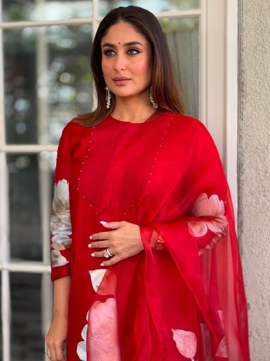 Red Silk Chanderi Hand-Painted Kurta Set