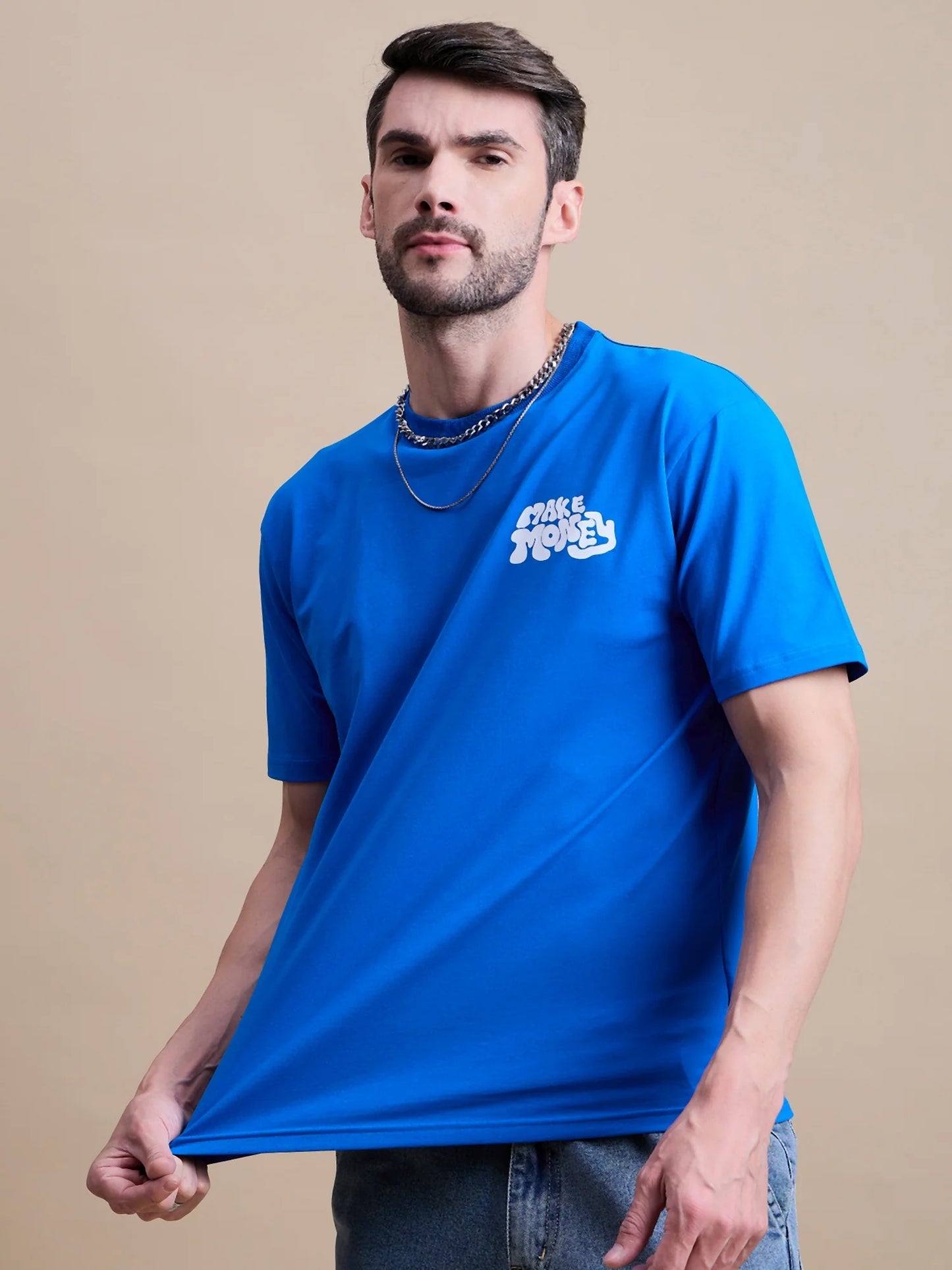 Mens Blue Casual Oversized Cotton T Shirt with Relaxed Fit and Simple Design