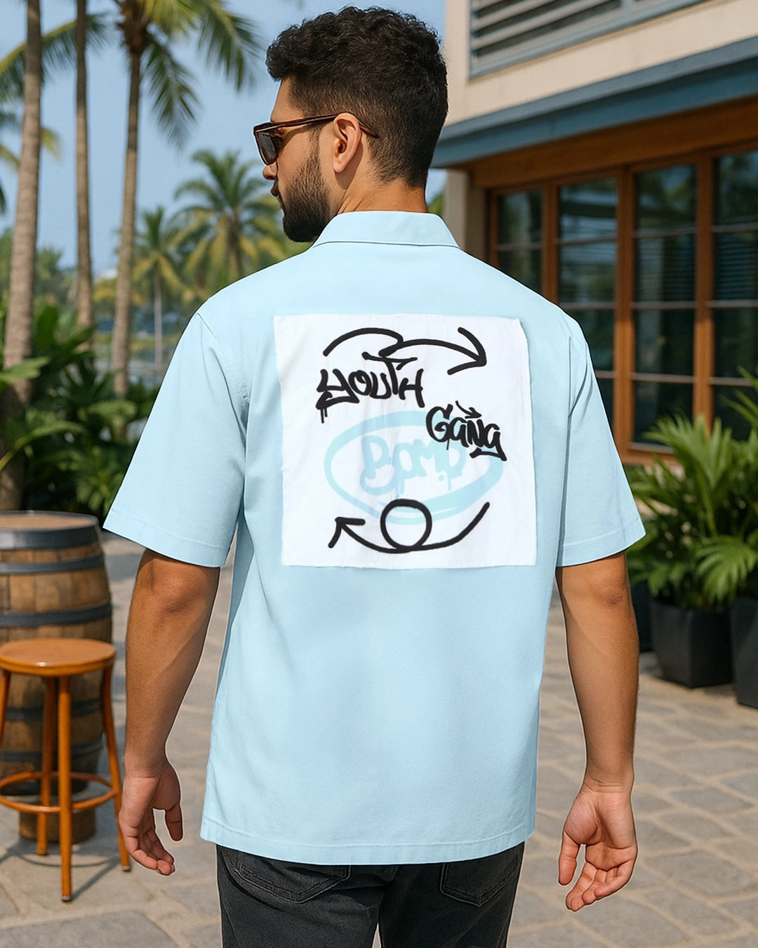 Trendy Men’s Light Blue Oversized Shirt with Youth Gang Graphic Print – Streetwear Inspired Casual Fashion for Daily Comfort
