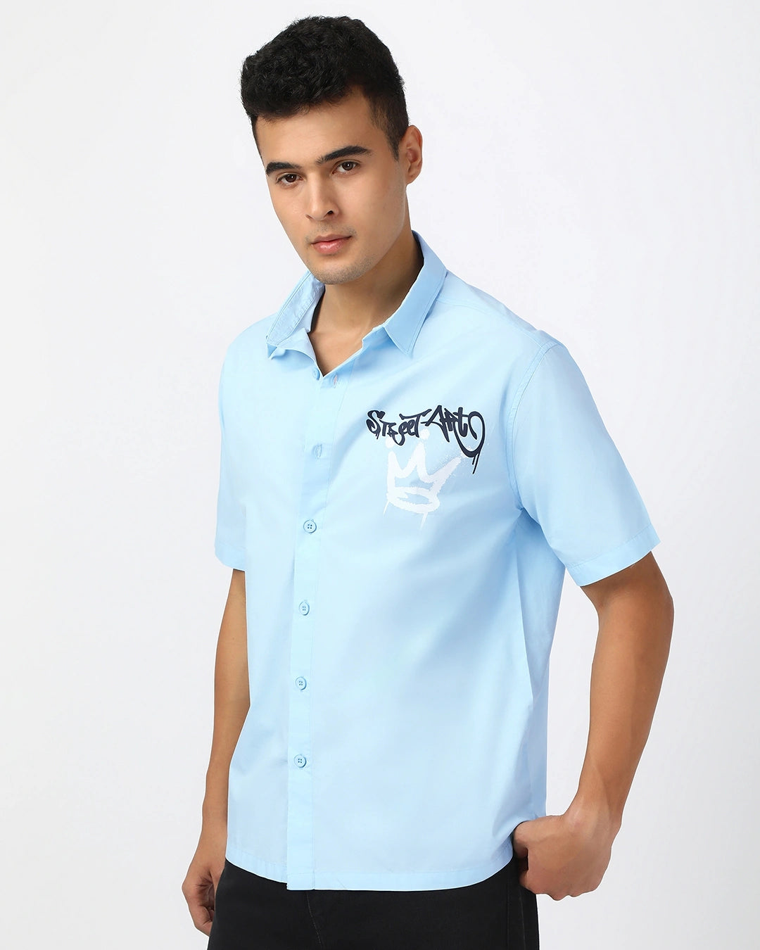 Trendy Men’s Light Blue Oversized Shirt with Youth Gang Graphic Print – Streetwear Inspired Casual Fashion for Daily Comfort