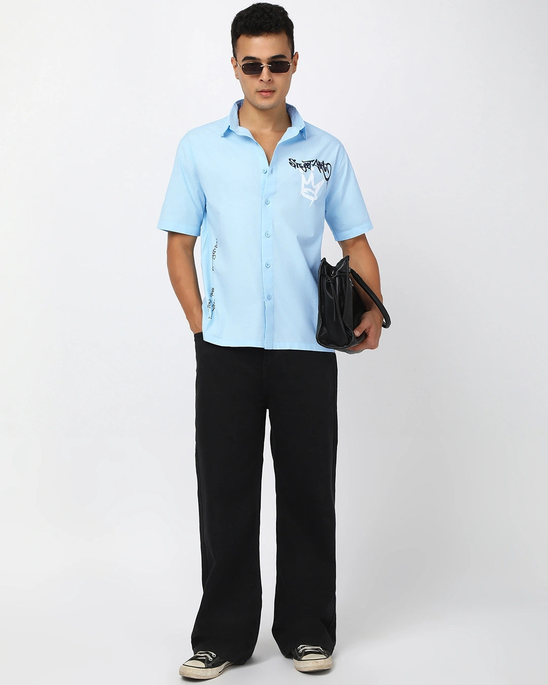 Trendy Men’s Light Blue Oversized Shirt with Youth Gang Graphic Print – Streetwear Inspired Casual Fashion for Daily Comfort