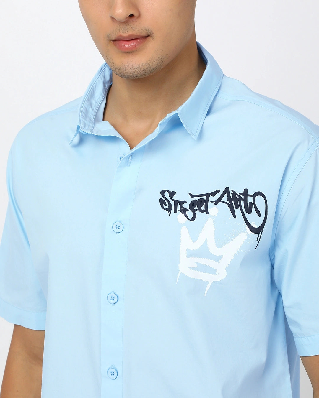 Trendy Men’s Light Blue Oversized Shirt with Youth Gang Graphic Print – Streetwear Inspired Casual Fashion for Daily Comfort