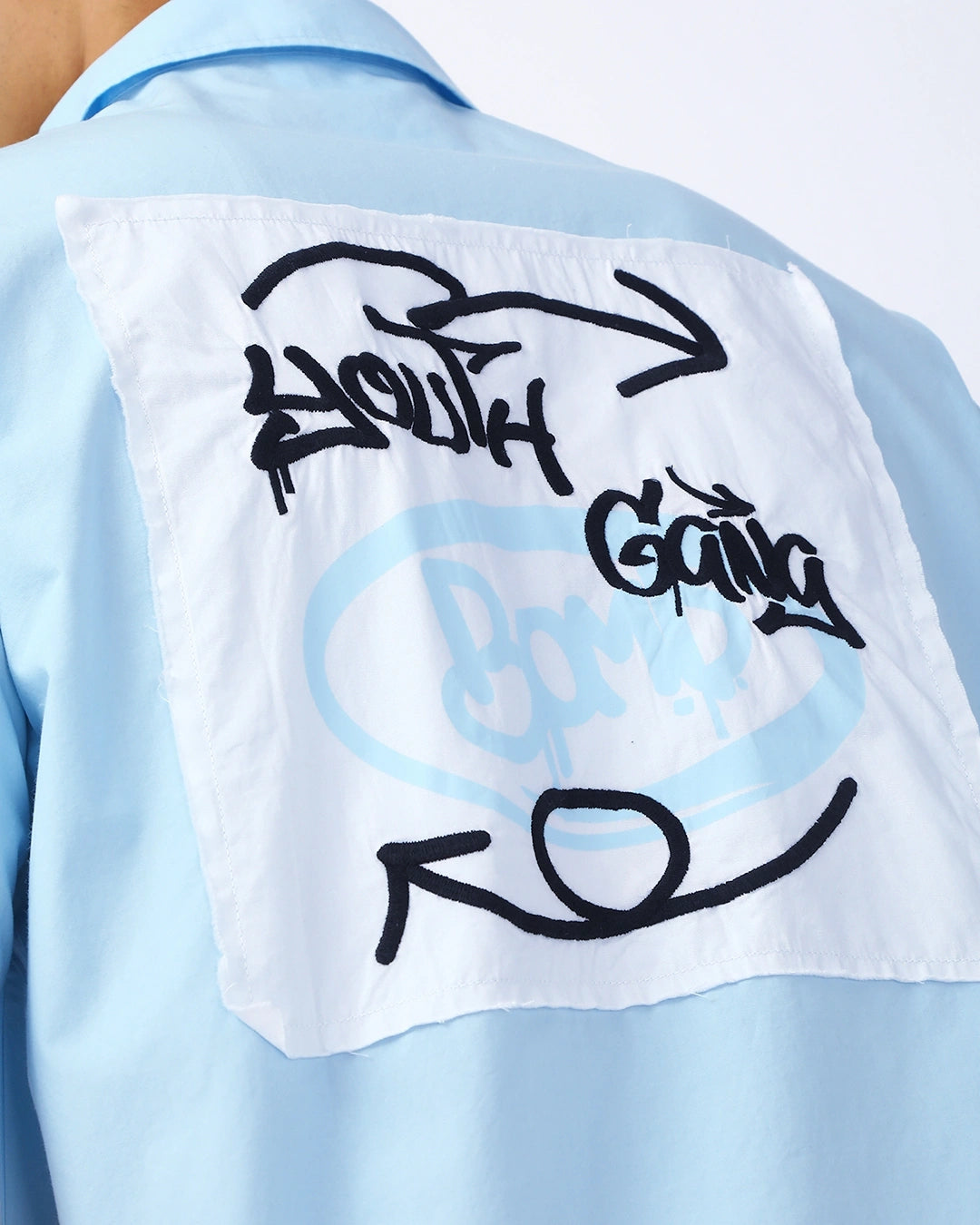 Trendy Men’s Light Blue Oversized Shirt with Youth Gang Graphic Print – Streetwear Inspired Casual Fashion for Daily Comfort