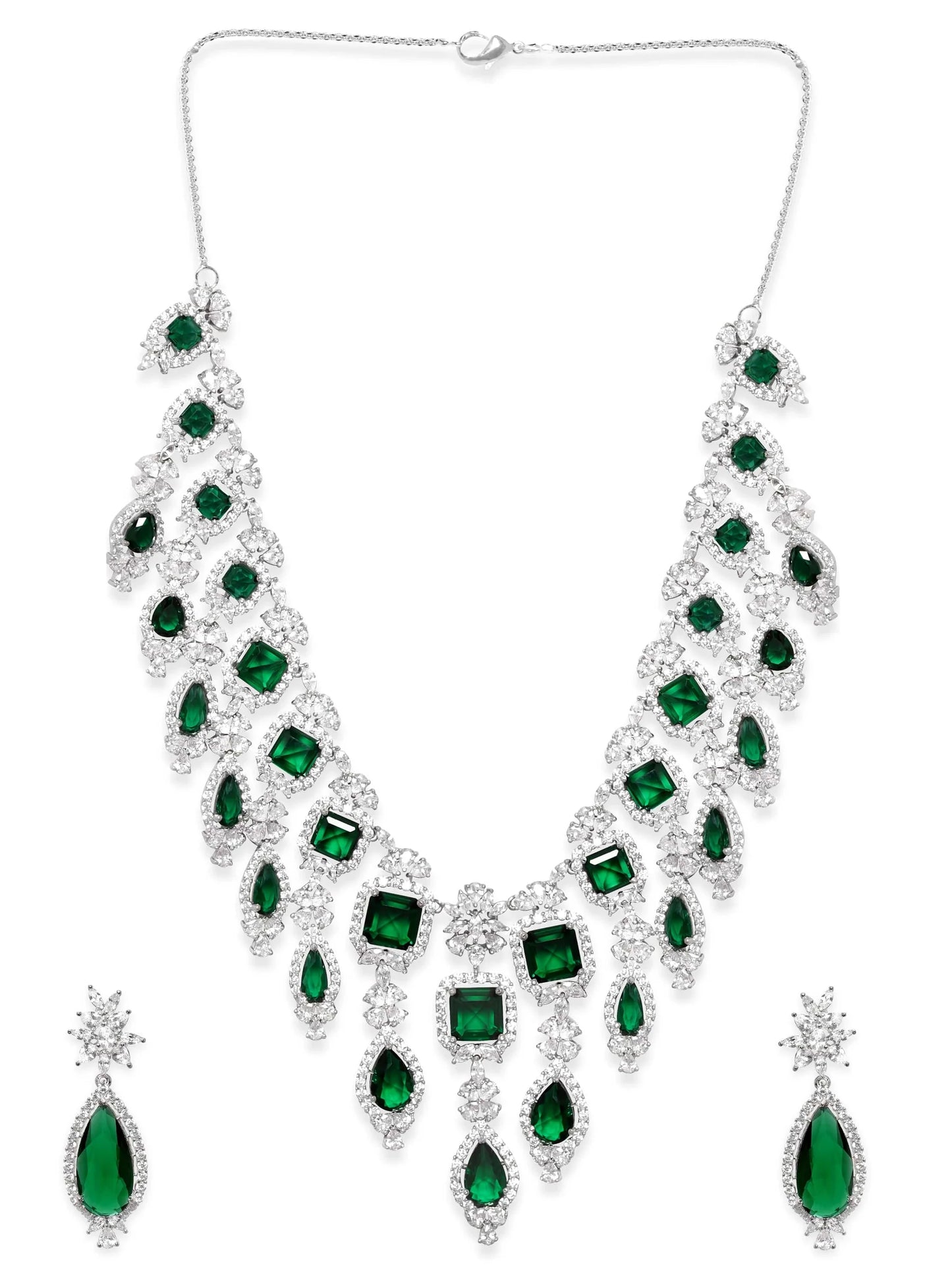 Luxury Rhodium Plated Statement Jewellery Set with Emerald Green Stones