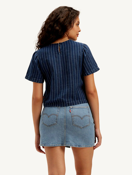 Modern Women’s Striped Denim Top with Round Neck and Lightweight Everyday Wear