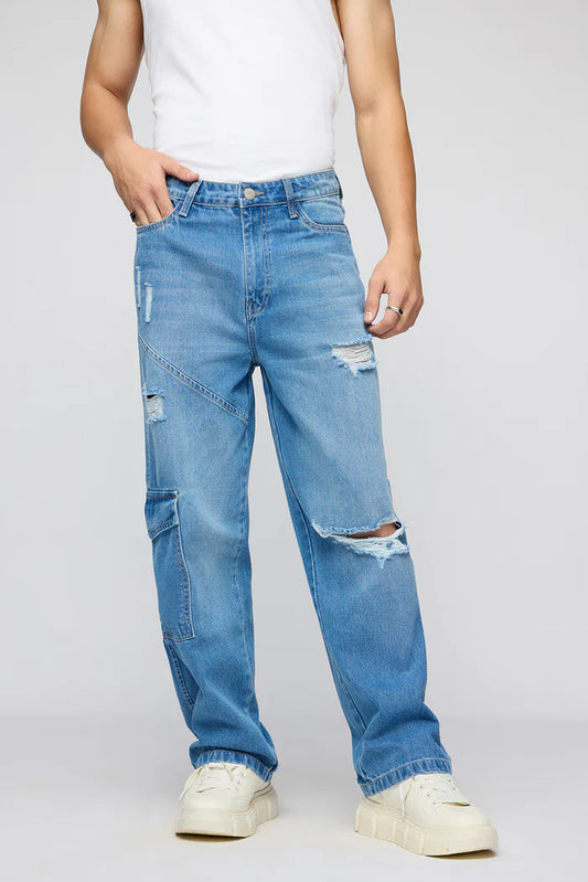 Comfortable Blue Streetwise Torn Jeans for Men in Classic Straight Fit Style