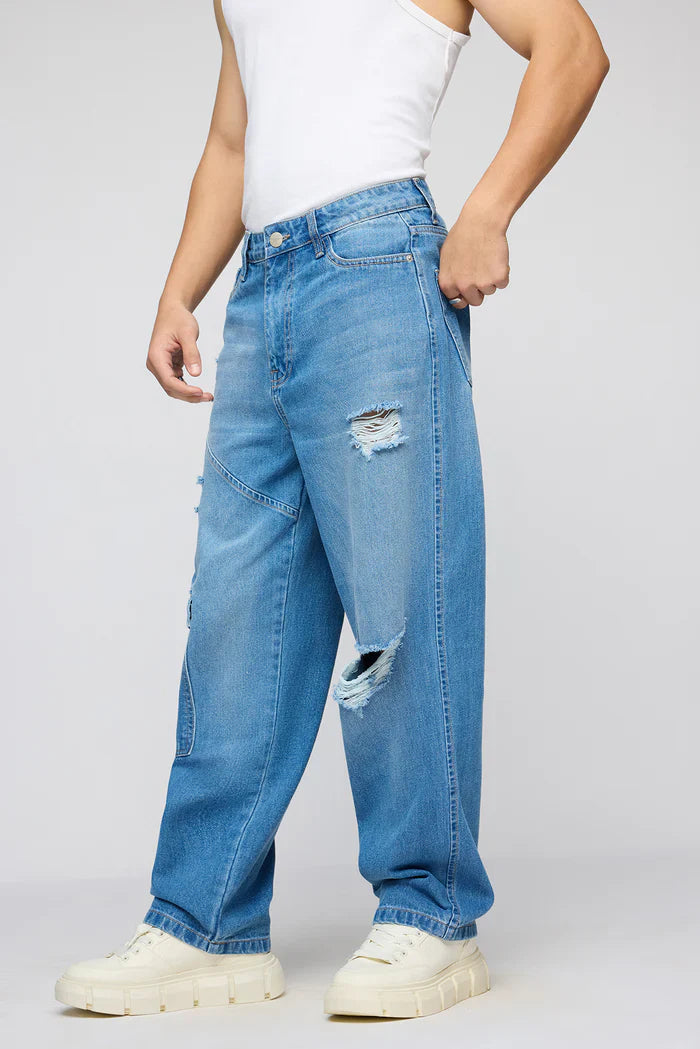 Comfortable Blue Streetwise Torn Jeans for Men in Classic Straight Fit Style