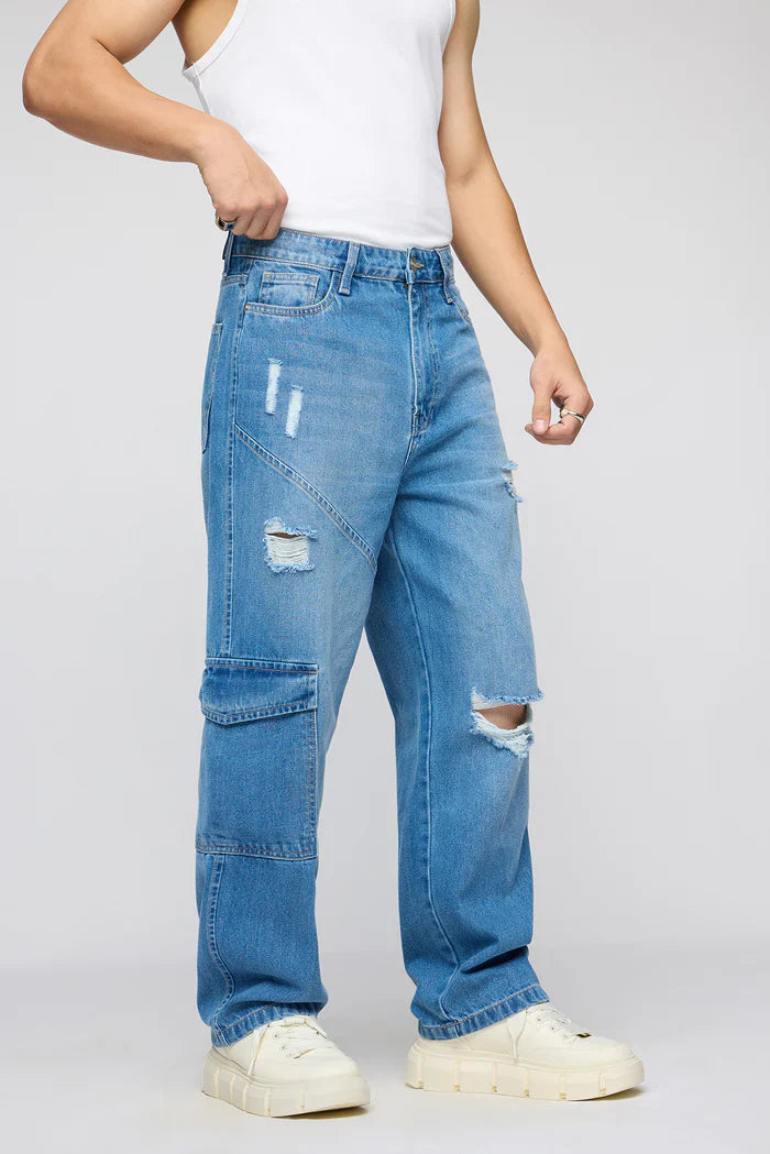 Comfortable Blue Streetwise Torn Jeans for Men in Classic Straight Fit Style