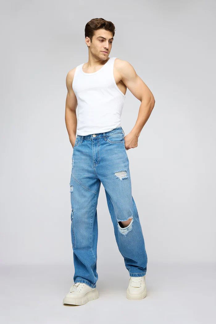 Comfortable Blue Streetwise Torn Jeans for Men in Classic Straight Fit Style