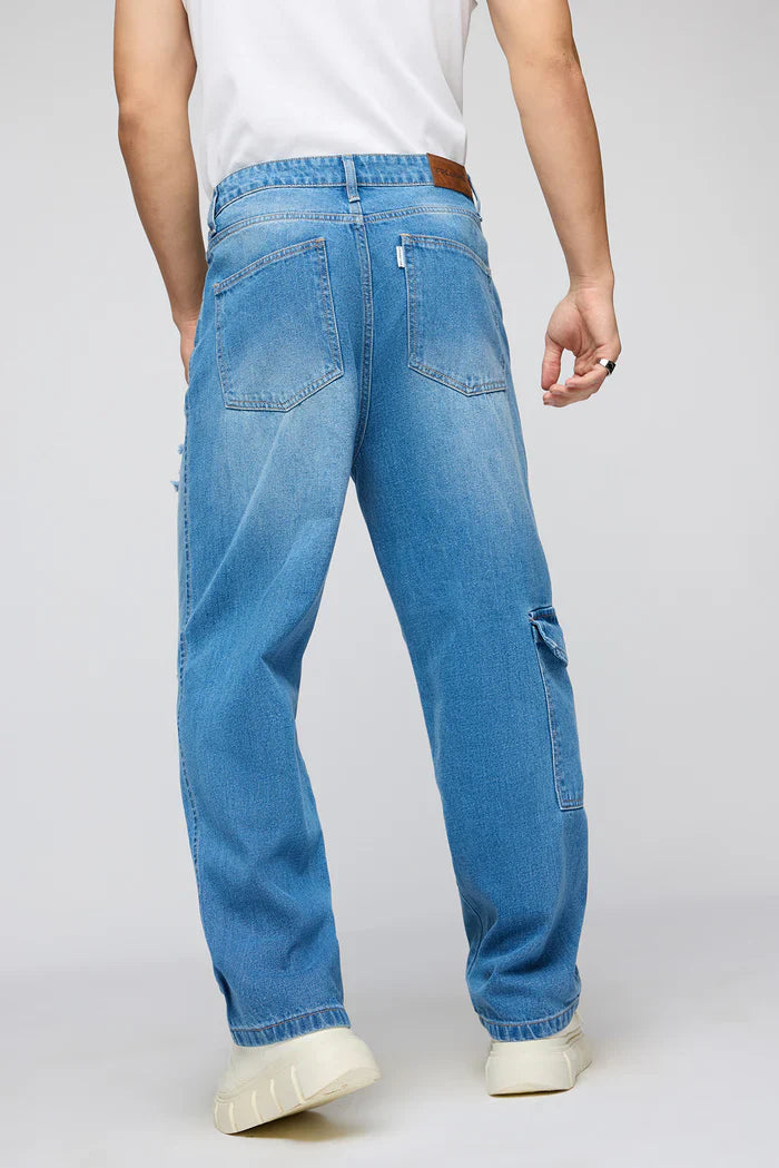 Comfortable Blue Streetwise Torn Jeans for Men in Classic Straight Fit Style