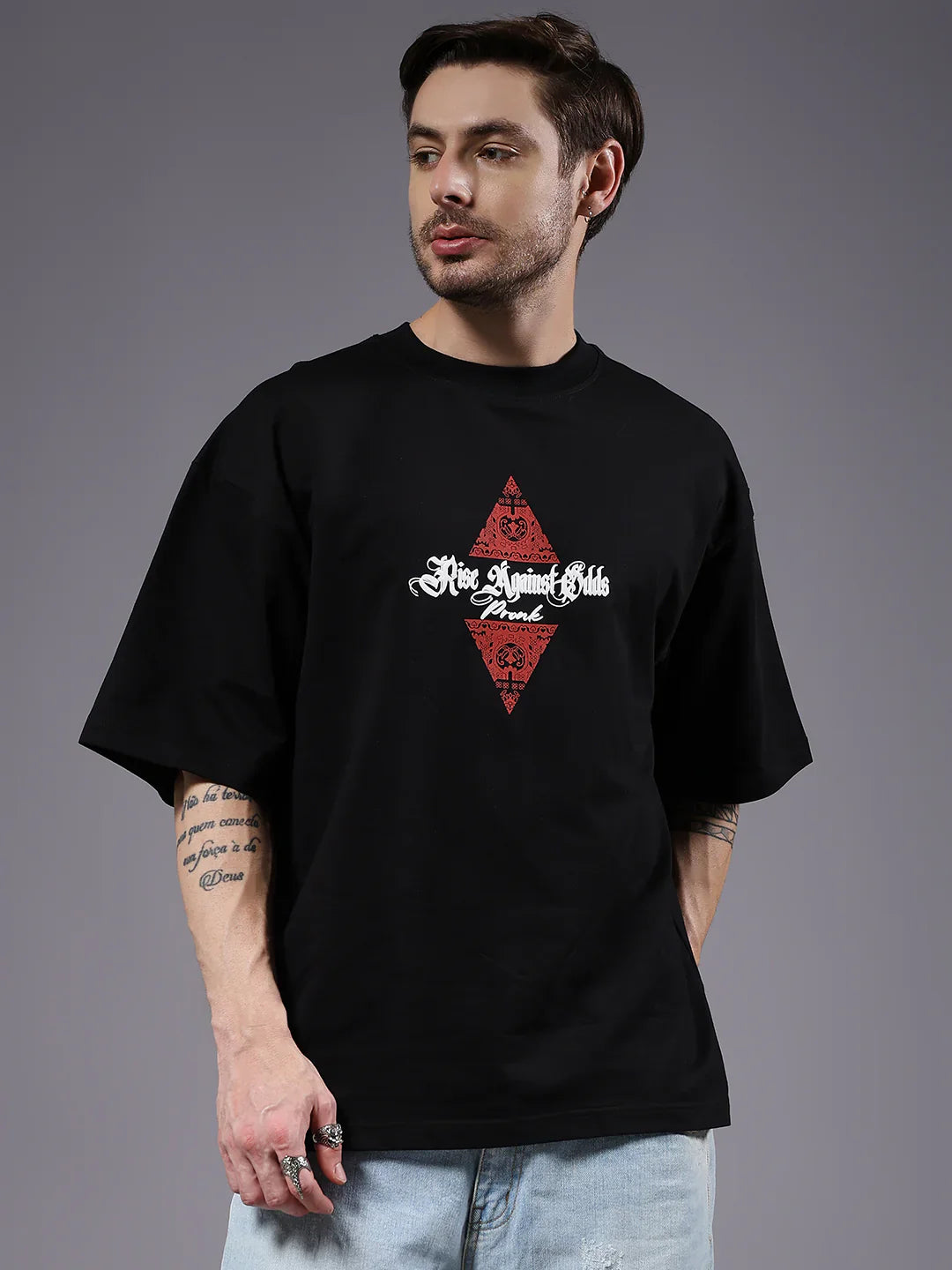 Rise Against Odds Inspired Puff Print Oversized T-Shirt for Men