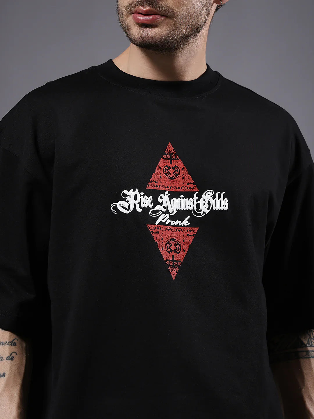 Rise Against Odds Inspired Puff Print Oversized T-Shirt for Men