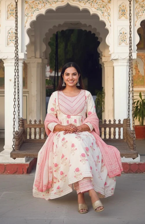 Soft Fabric White and Pink Floral Anarkali Kurta with Matching Pants and Dupatta