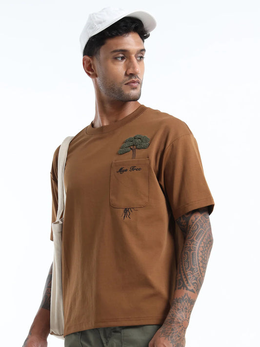 Mens Brown Oversized Round Neck T Shirt Made with Breathable Fabric for All Day Comfort