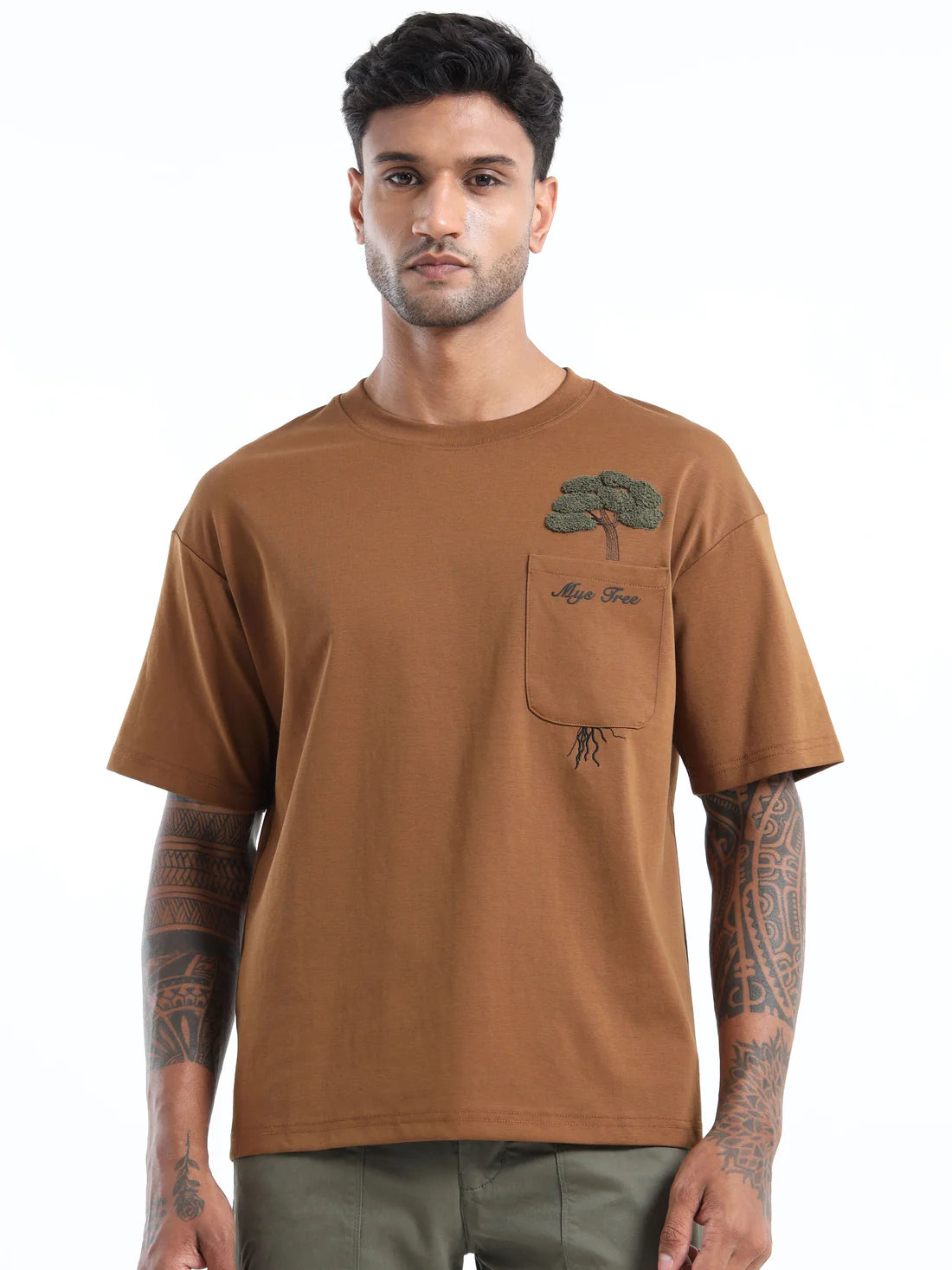 Mens Brown Oversized Round Neck T Shirt Made with Breathable Fabric for All Day Comfort