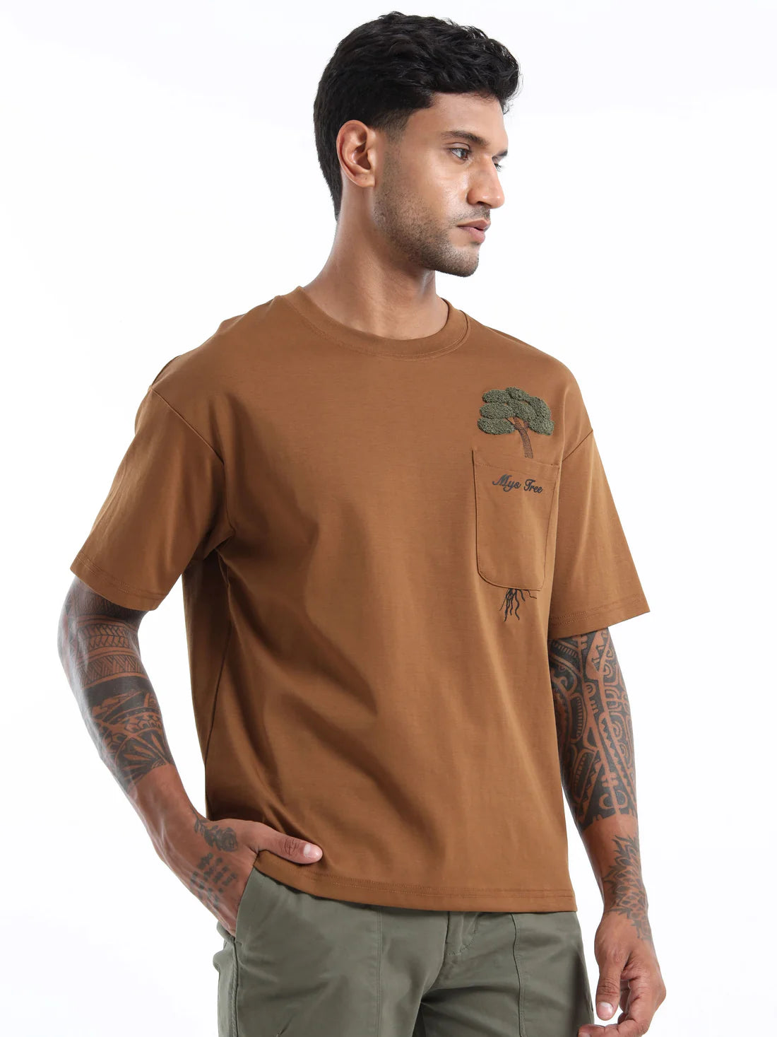 Mens Brown Oversized Round Neck T Shirt Made with Breathable Fabric for All Day Comfort