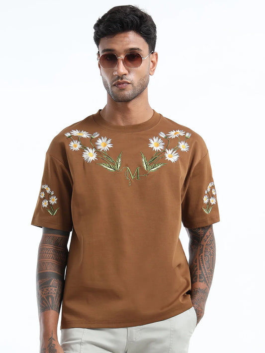 Mens Brown Oversized Round Neck T Shirt Perfect for Daily Outfits and Comfortable Wear