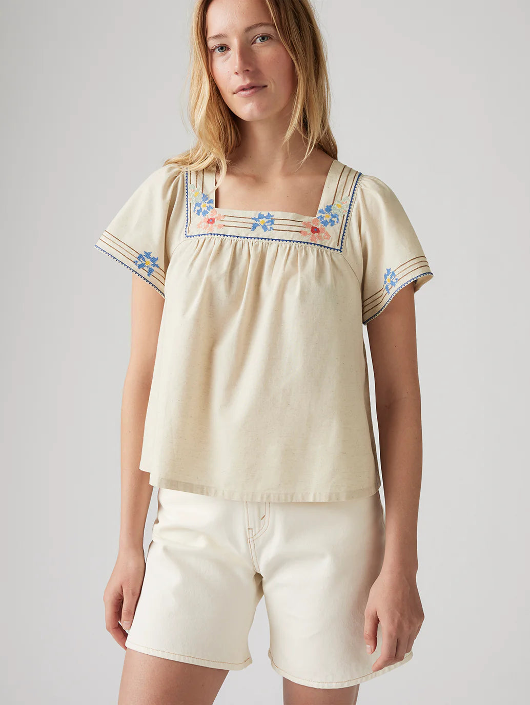 Casual Women’s Embroidered Top in Cream with Square Neck for Daily and Office Wear