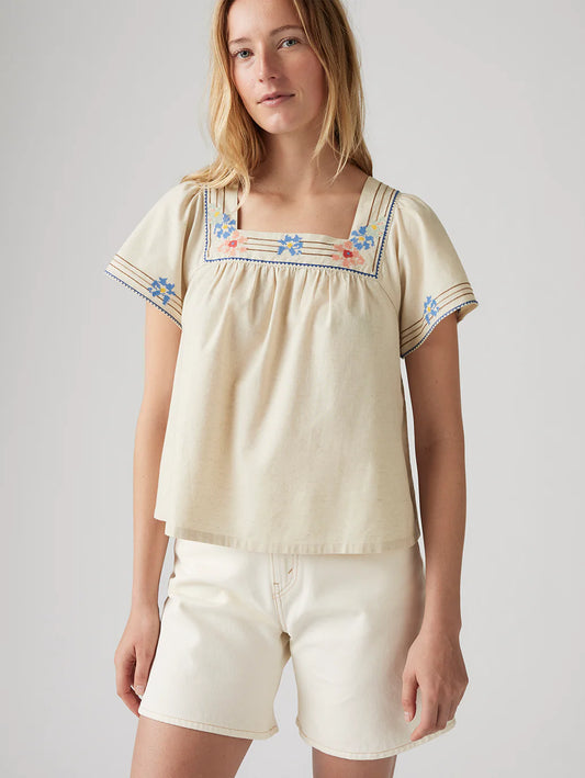 Casual Women’s Embroidered Top in Cream with Square Neck for Daily and Office Wear