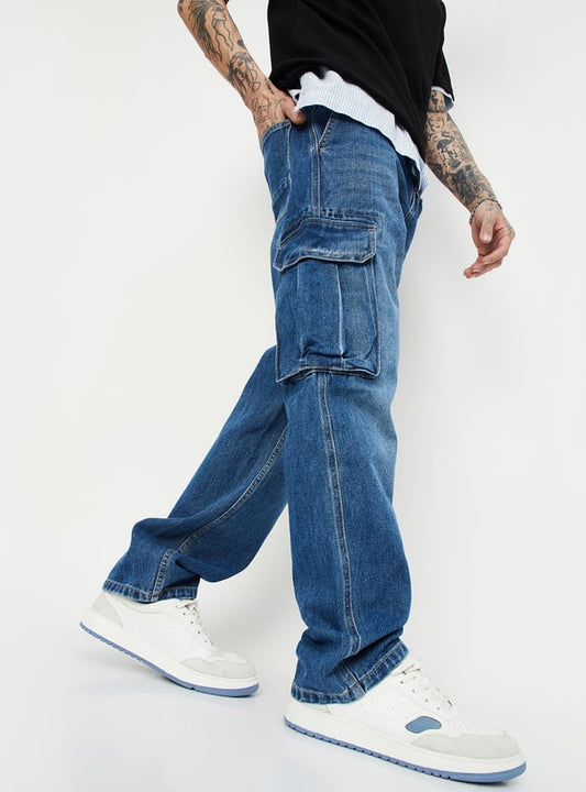 Men Washed Loose Fit Cargo Jeans Comfortable Oversized Denim Pants with Utility Style