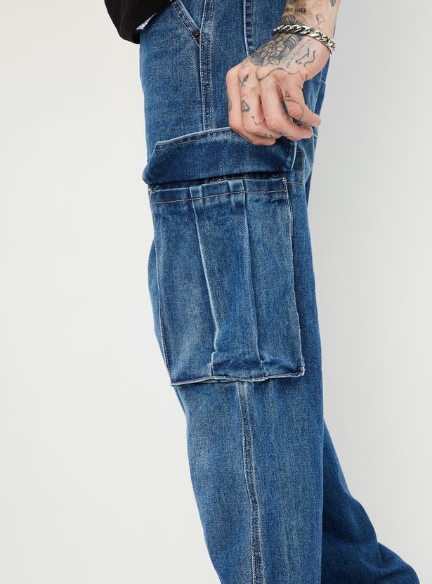Men Washed Loose Fit Cargo Jeans Comfortable Oversized Denim Pants with Utility Style