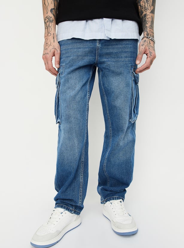 Men Washed Loose Fit Cargo Jeans Comfortable Oversized Denim Pants with Utility Style