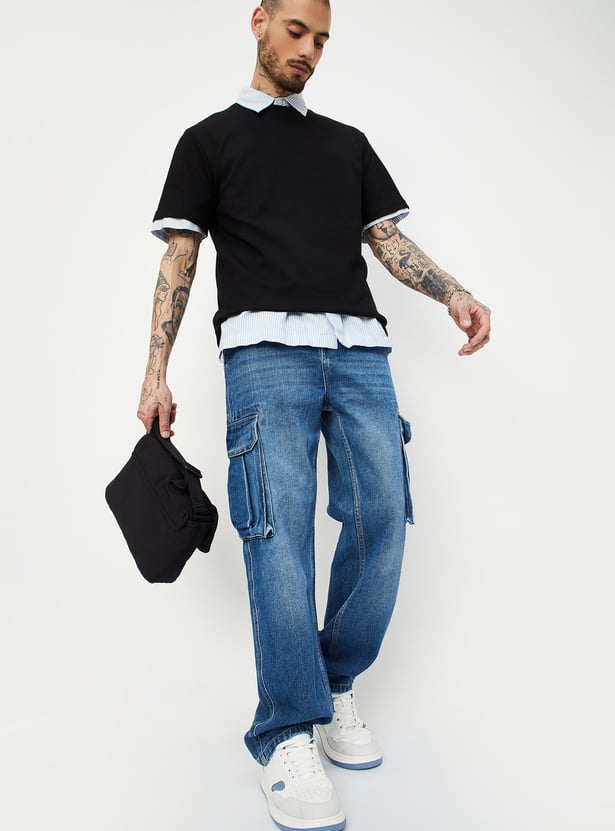 Men Washed Loose Fit Cargo Jeans Comfortable Oversized Denim Pants with Utility Style