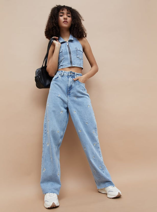 Women's Embroidered Wide-Leg Jeans – Stylish High-Waist Denim with Intricate Detailing for Casual & Festive Wear