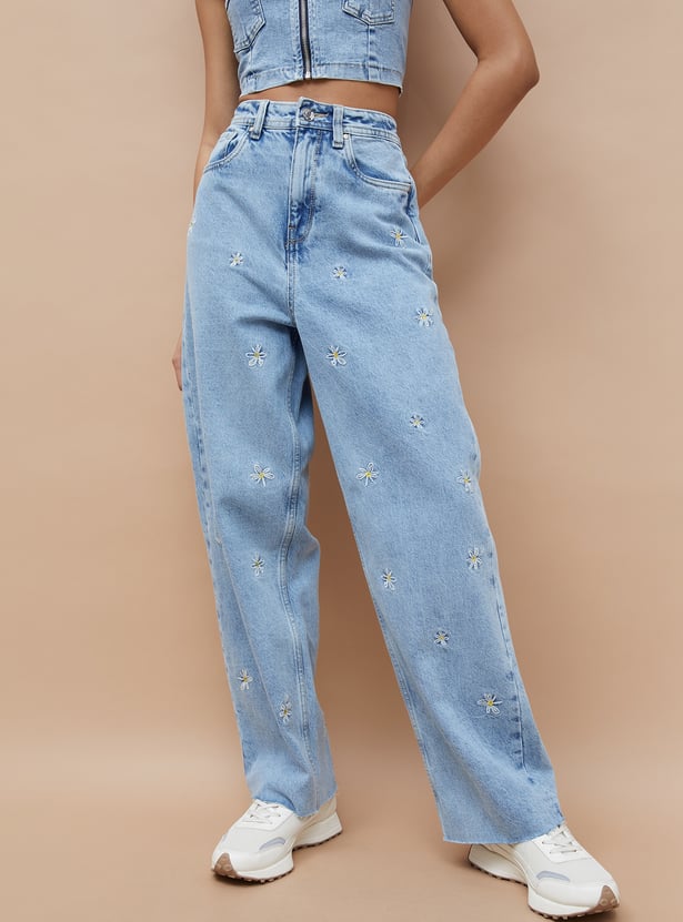 Women's Embroidered Wide-Leg Jeans – Stylish High-Waist Denim with Intricate Detailing for Casual & Festive Wear