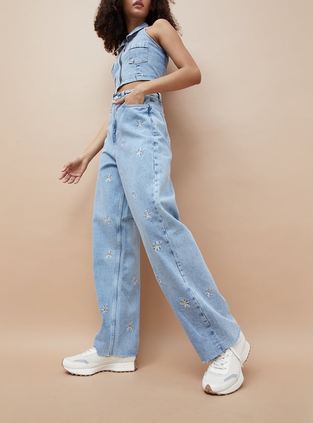Women's Embroidered Wide-Leg Jeans – Stylish High-Waist Denim with Intricate Detailing for Casual & Festive Wear