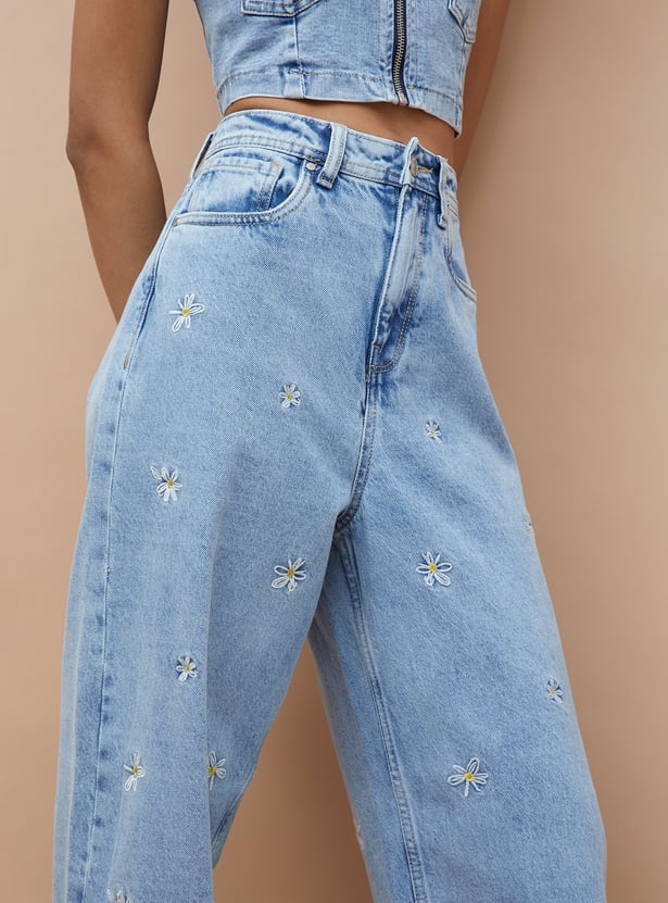 Women's Embroidered Wide-Leg Jeans – Stylish High-Waist Denim with Intricate Detailing for Casual & Festive Wear