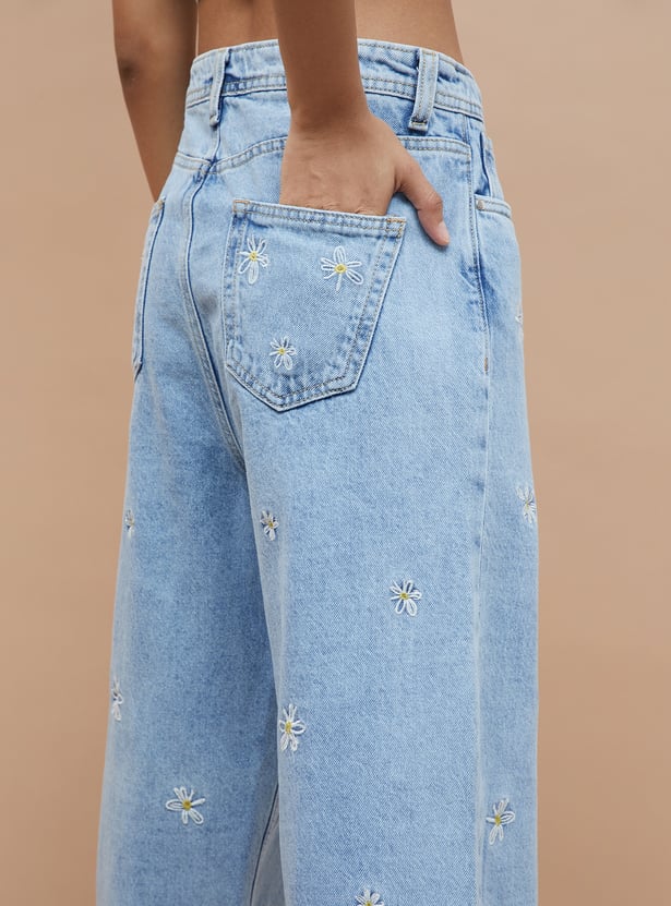 Women's Embroidered Wide-Leg Jeans – Stylish High-Waist Denim with Intricate Detailing for Casual & Festive Wear