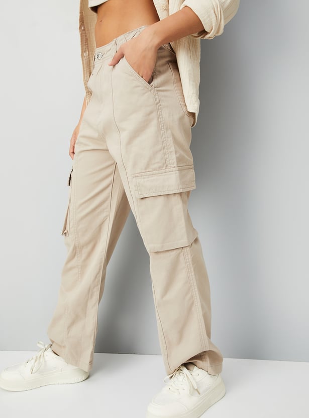Comfortable Women’s Solid Cargo Denim Pants with Straight Relaxed Fit