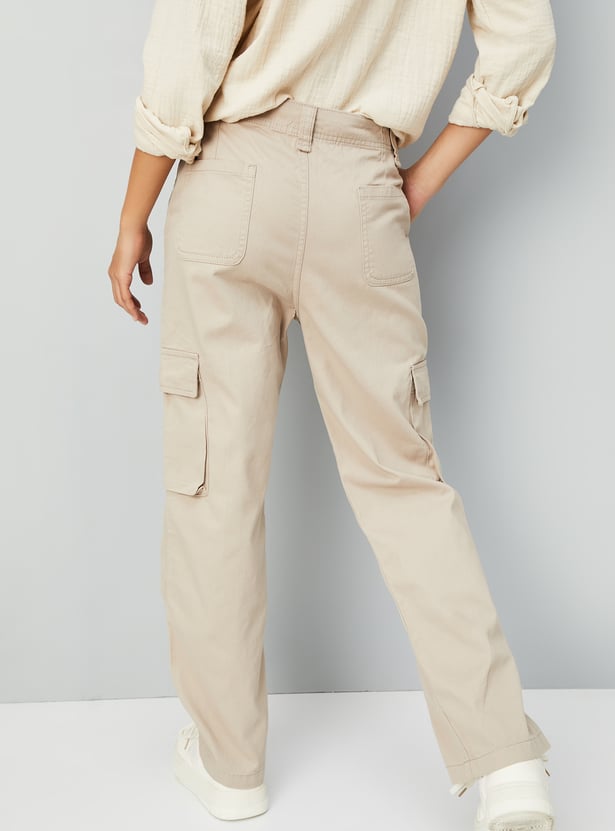 Comfortable Women’s Solid Cargo Denim Pants with Straight Relaxed Fit