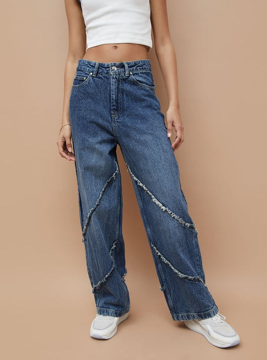 Women's Fringe Detailed Wide Leg Jeans Stylish Casual Denim with Decorative Hem for Everyday Fashion