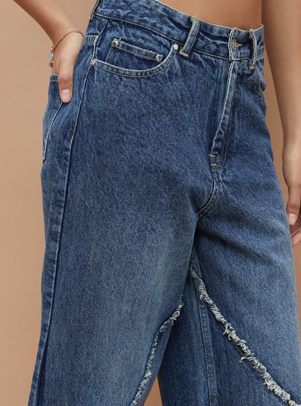 Women's Fringe Detailed Wide Leg Jeans Stylish Casual Denim with Decorative Hem for Everyday Fashion