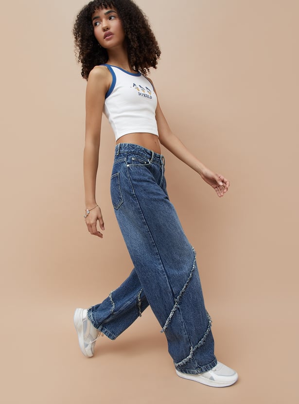 Women's Fringe Detailed Wide Leg Jeans Stylish Casual Denim with Decorative Hem for Everyday Fashion