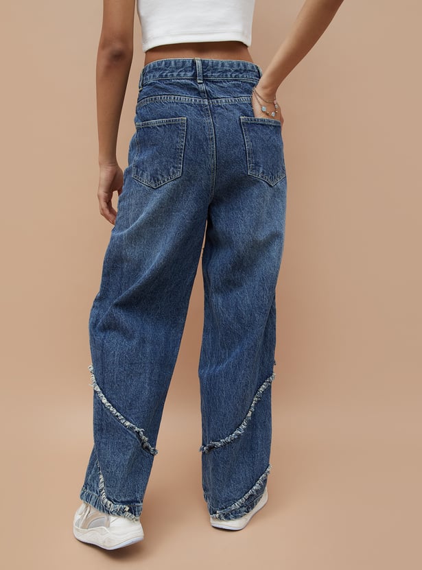 Women's Fringe Detailed Wide Leg Jeans Stylish Casual Denim with Decorative Hem for Everyday Fashion