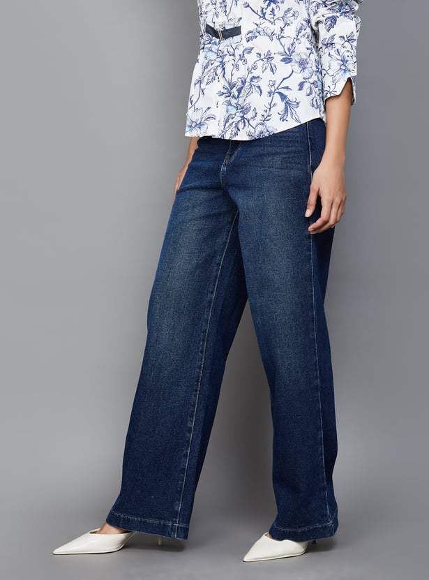 Women's Washed Super High Rise Wide Leg Jeans Relaxed Fit Denim with Soft Stretch and Vintage Wash