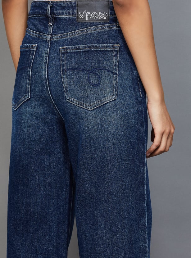 Women's Washed Super High Rise Wide Leg Jeans Relaxed Fit Denim with Soft Stretch and Vintage Wash