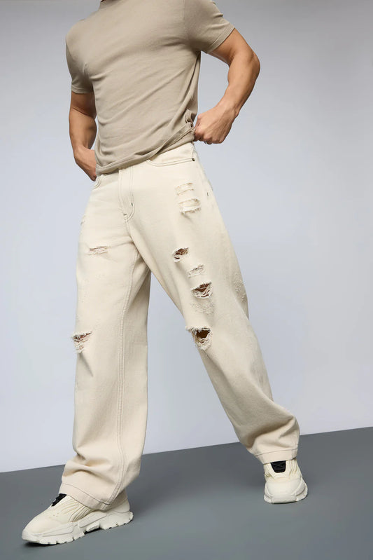 Stylish Ecru Escape Distressed Men’s Baggy Straight Leg Jeans Modern Casual Streetwear Denim