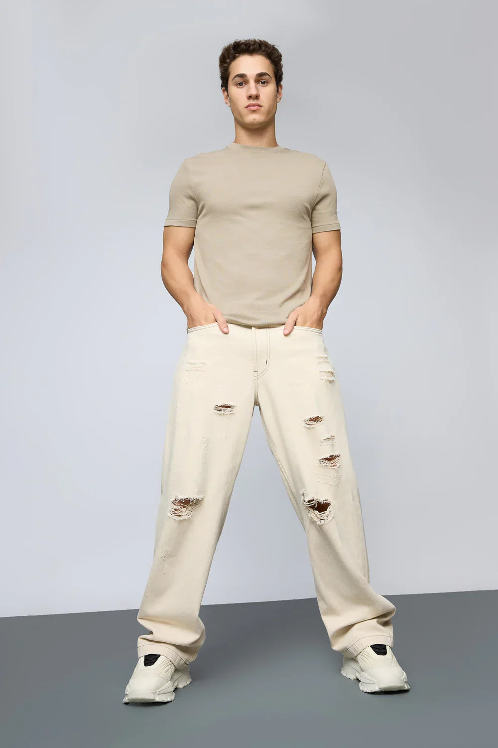 Ecru Escape Mens Straight Leg Distressed Jeans with Baggy Fit for Everyday Comfort