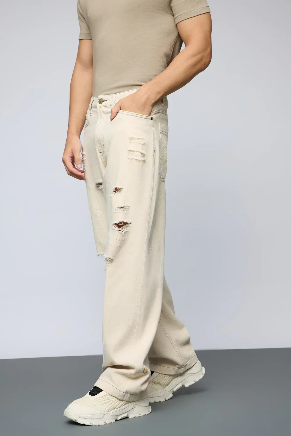 Ecru Escape Mens Straight Leg Distressed Jeans with Baggy Fit for Everyday Comfort
