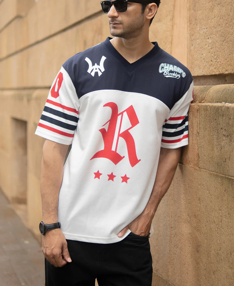 Statement White and Navy Jersey T-Shirt with Soft Fabric and Premium Comfort