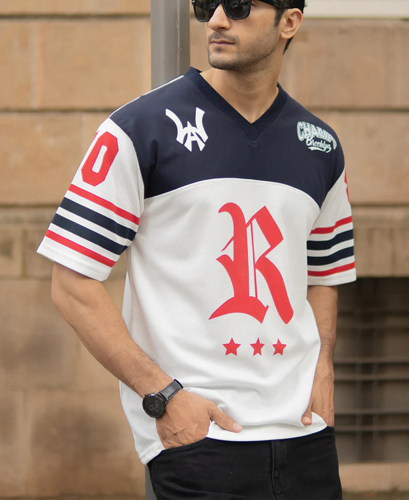 Statement White and Navy Jersey T-Shirt with Soft Fabric and Premium Comfort