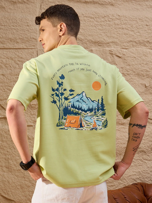 Mens Green Drop Shoulder Oversized T-Shirt with Classic Round Neck and Modern Look