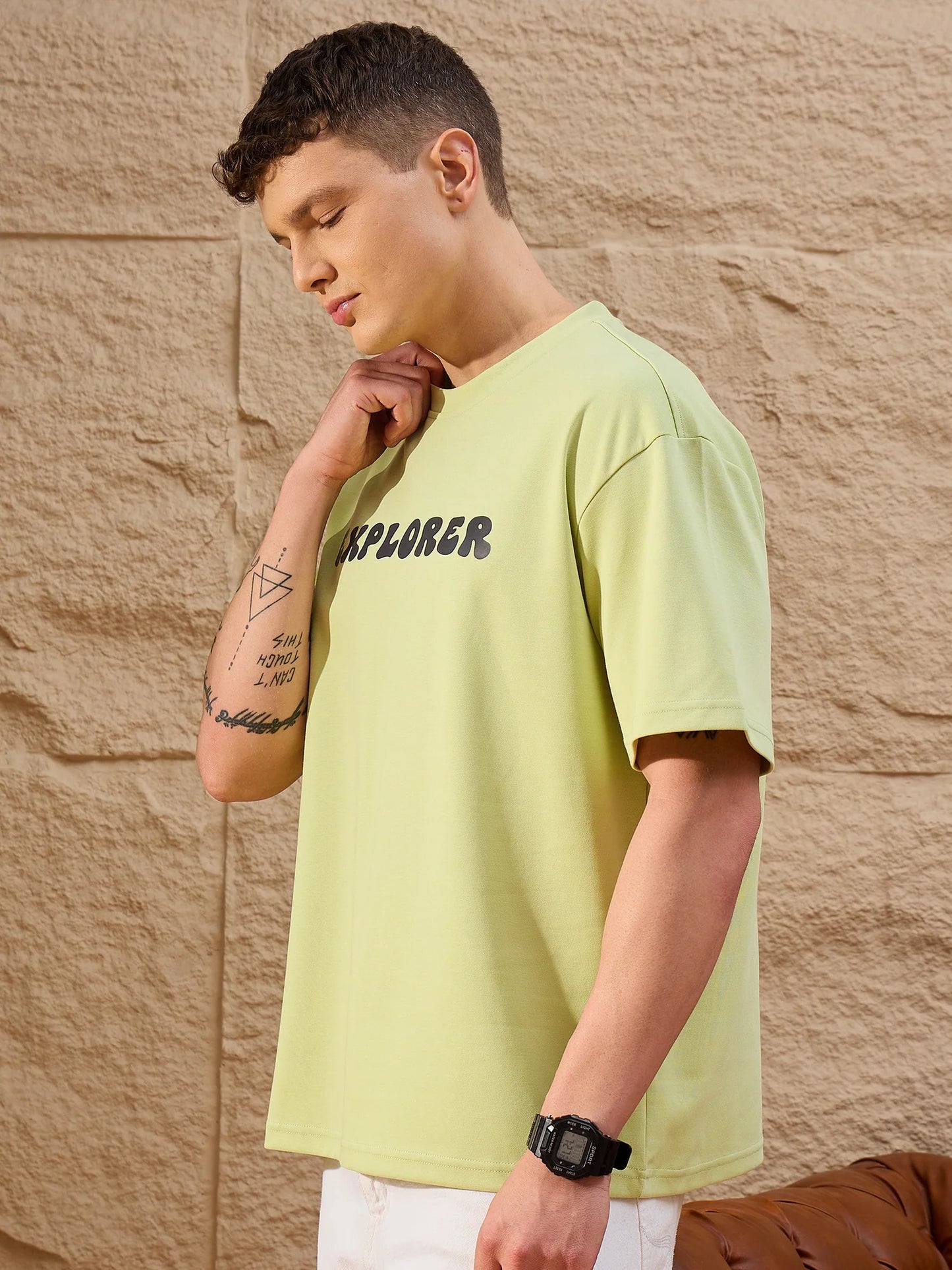 Mens Green Drop Shoulder Oversized T-Shirt with Classic Round Neck and Modern Look