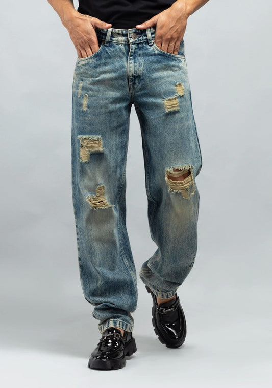 Classic Greenish Blue Distressed Mens Jeans Relaxed Fit Fashion Denim