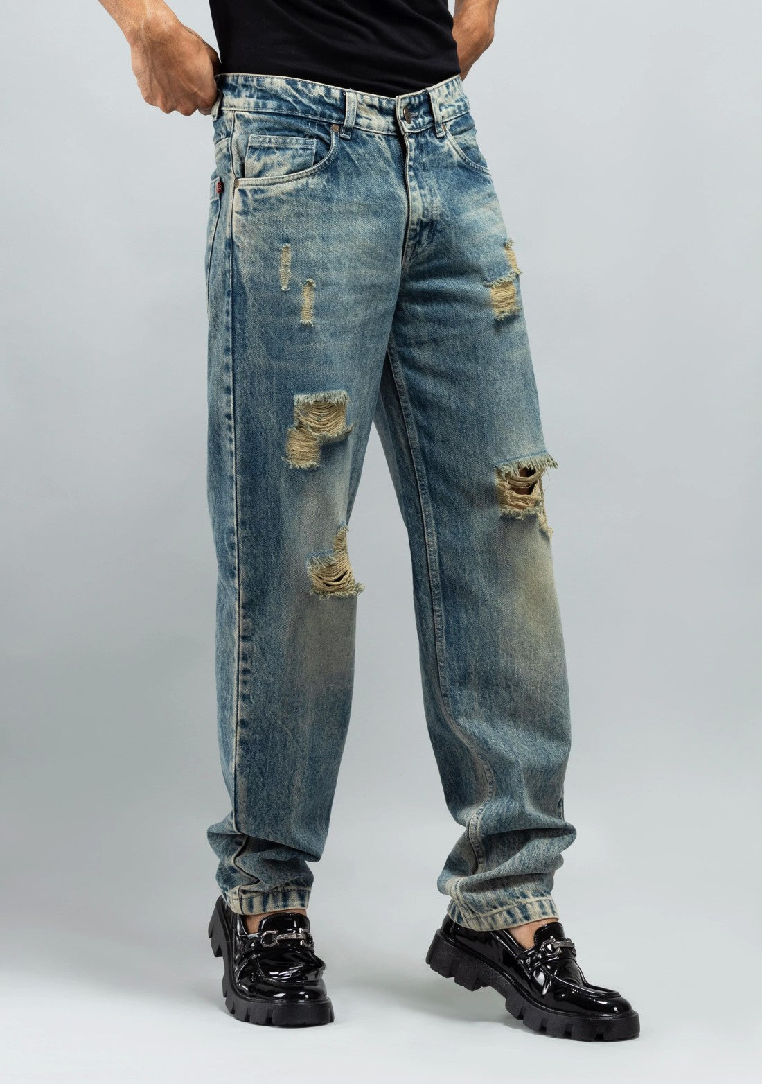 Classic Greenish Blue Distressed Mens Jeans Relaxed Fit Fashion Denim